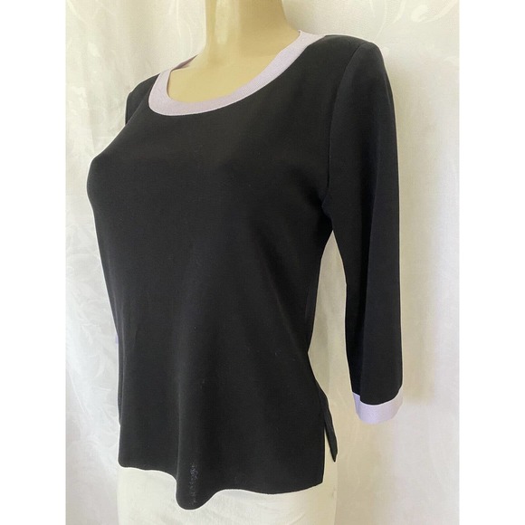 Exclusively Misook Top Blouse Knit 3/4 Sleeve Black Purple Lavender Trim… - Picture 2 of 5